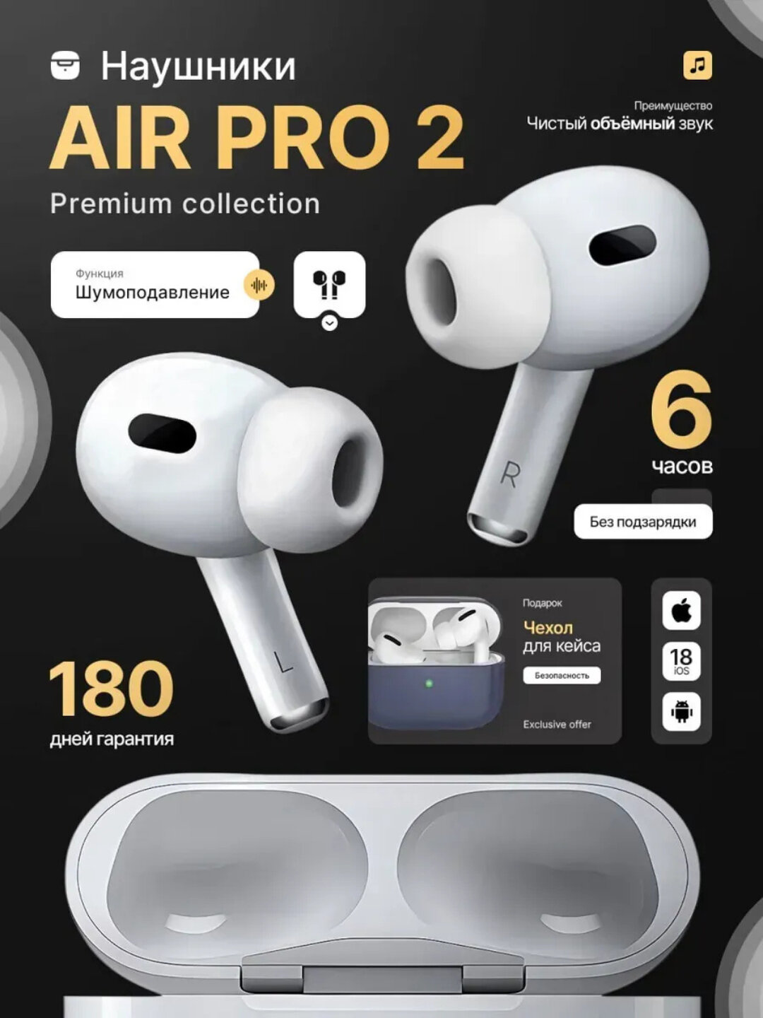 Наушники Apple AirPods Pro 2 Premium(Чехол — в подарок) — беспроводные, сенсорное управление, активное шумоподавление