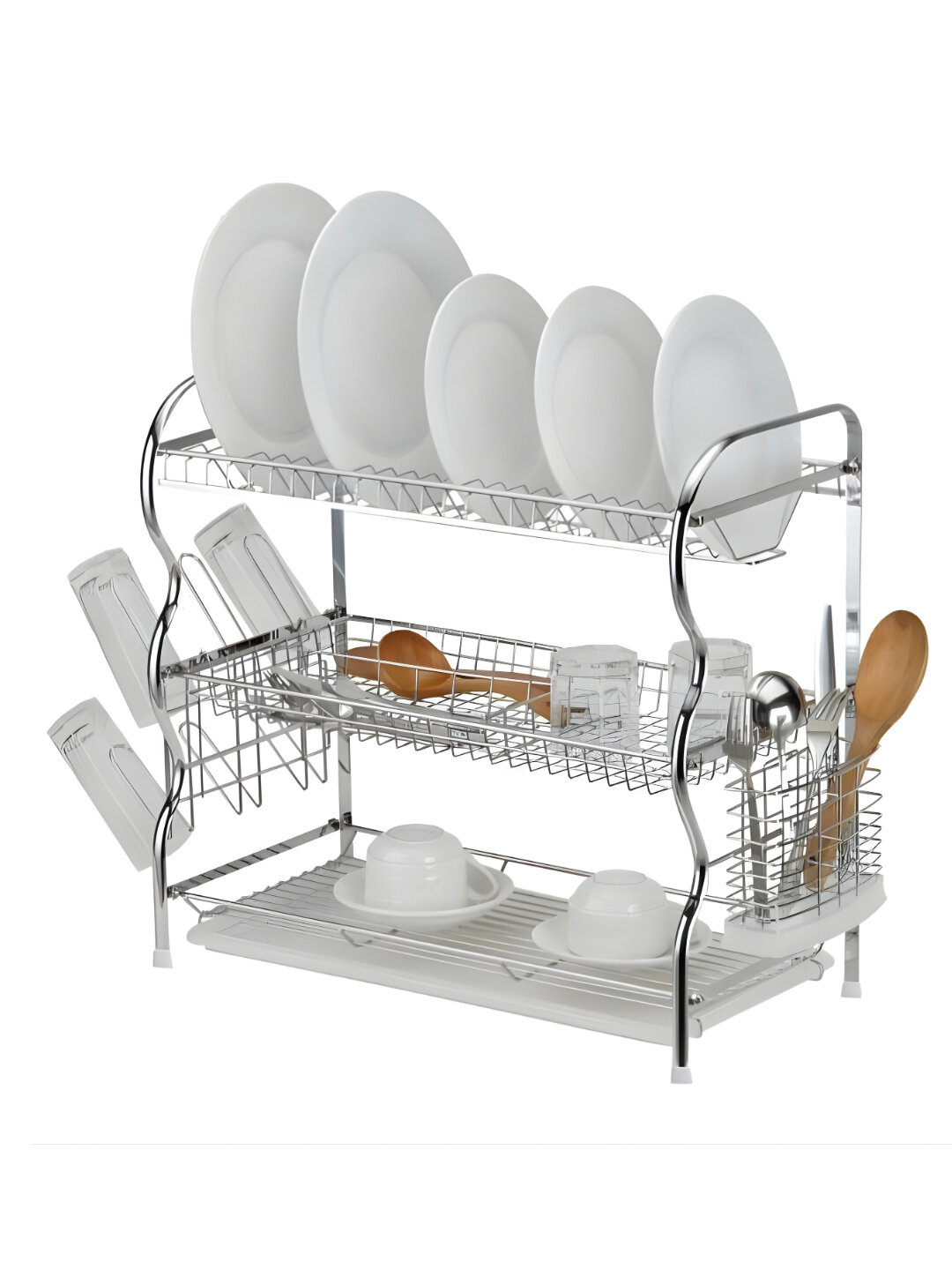 Сушилка для посуды настольная с поддоном и сливом, держатель приборов, нержавеющая сталь - Ледяной