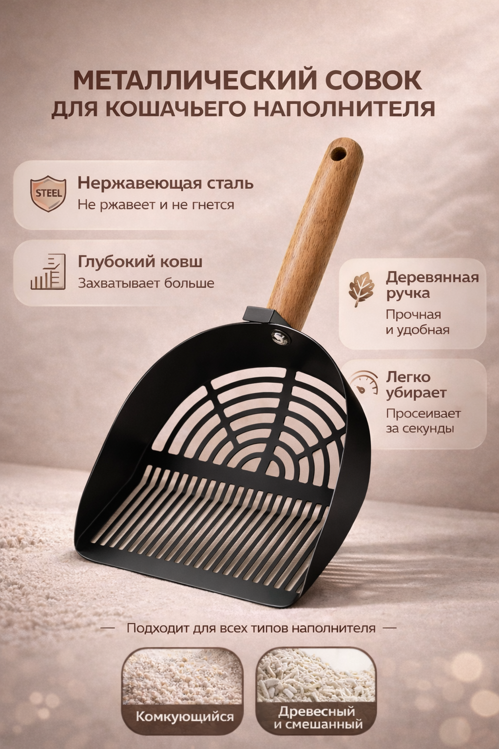 Лопатка для лотка, нержавеющая сталь, деревянная ручка, отверстие для подвешивания