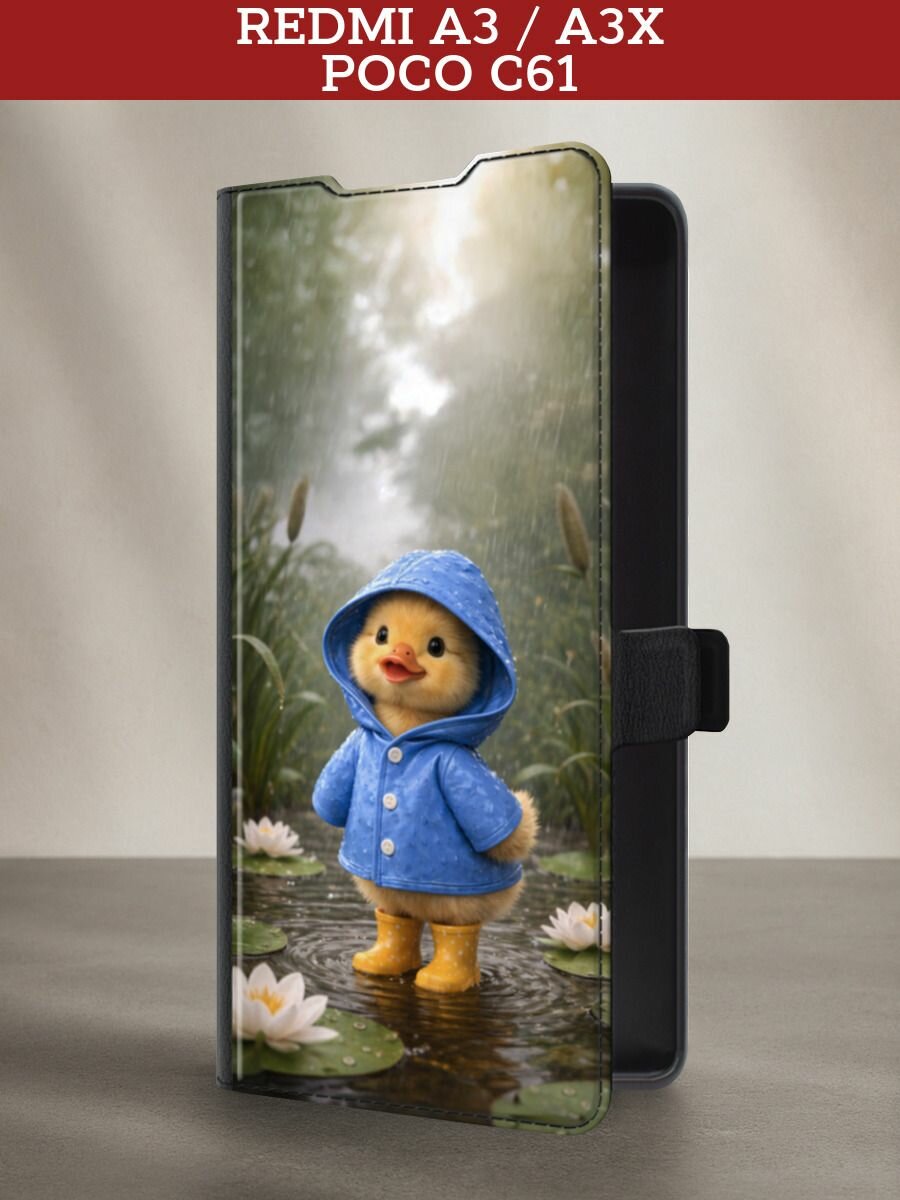 Чехол-книжка на Xiaomi Redmi A3/A3x/Poco C61 / Редми А3/Редми А3х/Поко С61 с принтом Уточка в сапогах, черный
