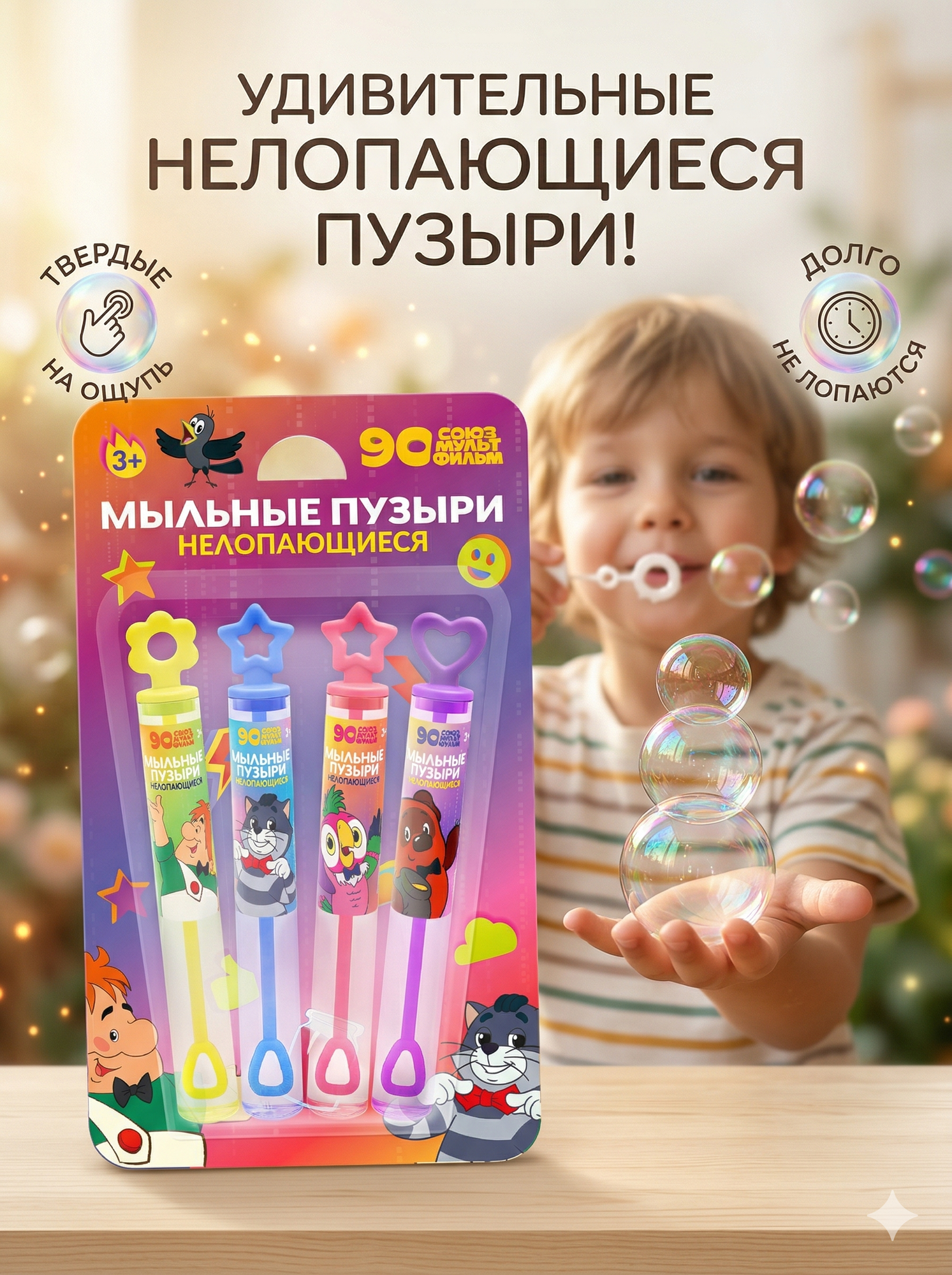Игрушка для пускания мыльных пузырей ND Play / Мыльные нелопающиеся пузыри с трубочкой / Союзмультфильм (4 шт по 5 мл)