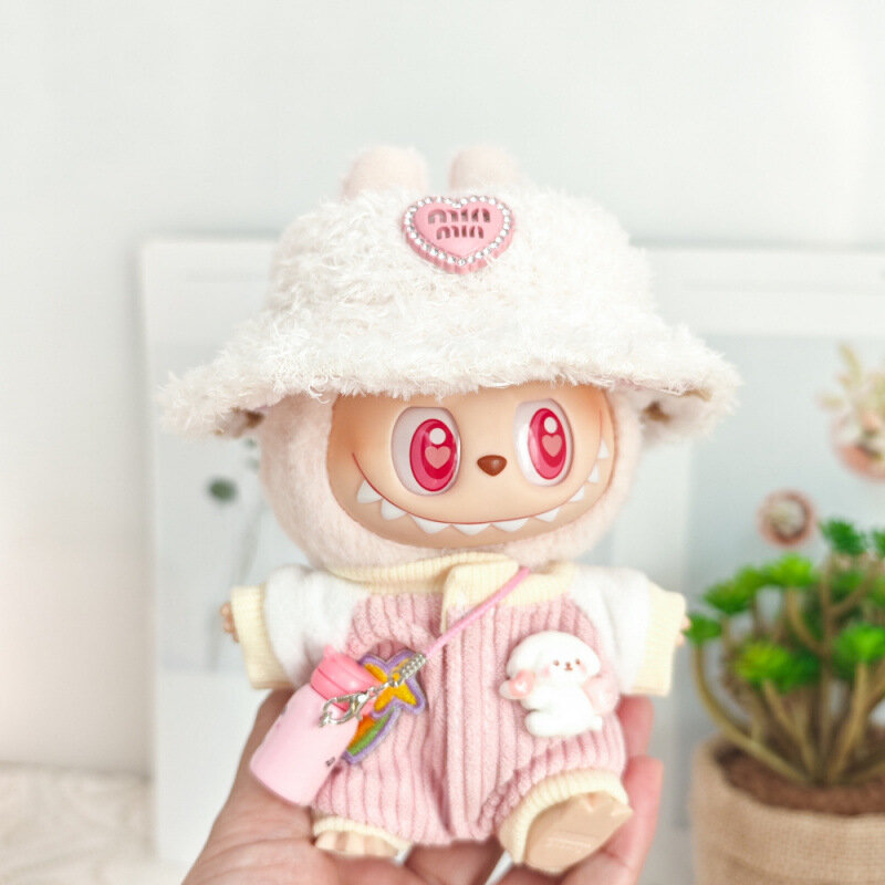 Розовая комплект одежды Labubu для плюшевых кукол 2-компонентный набор с розовой шапкой-шапкой в виде сердца для 1-го и