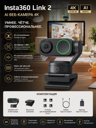 Изображение товара Веб-камера Insta360 Link 2, 4K, с автофокусом и стабилизацией, для видеоконференций и стриминга.
