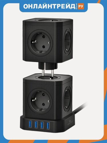 Изображение товара Сетевой фильтр Cablexpert Tower, 9 розеток, 4хUSB, 2м, черный, коробка