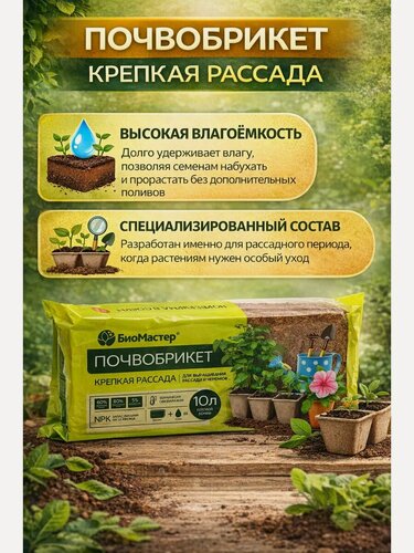 Изображение товара Почвобрикет "Крепкая рассада" БиоМастер, для овощей, ягод и цветов, 10 литров