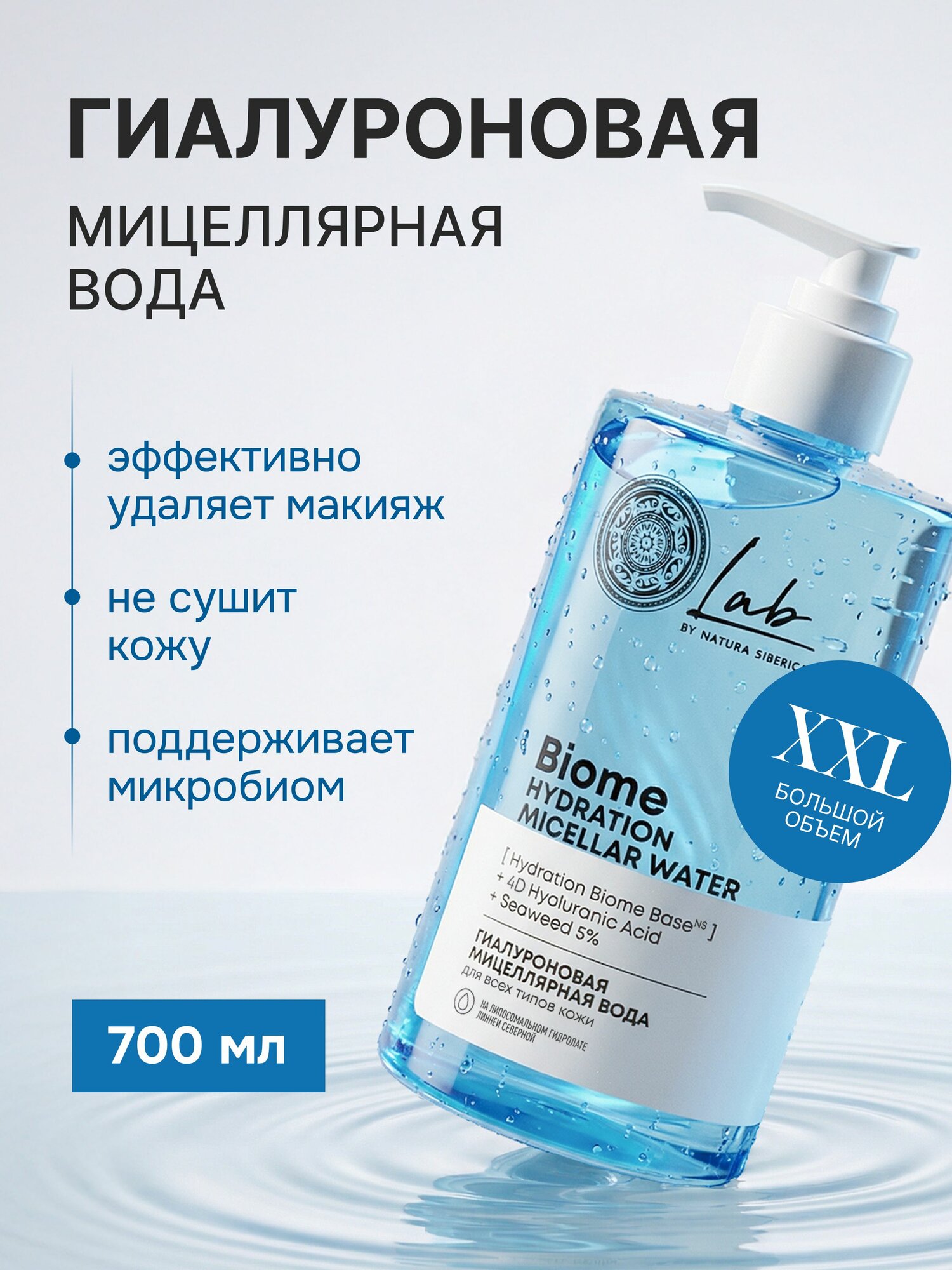 Natura Siberica Lab Biome. Гиалуроновая мицеллярная вода для снятия макияжа для всех типов кожи, увлажняющая, 700 мл