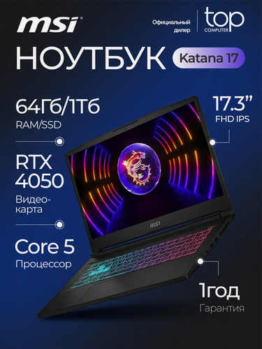 Изображение товара Ноутбук MSI Katana 17 B2RVEK 17.3" FHD IPS/Core 5 210H/32GB/SSD 1TB/RTX4050 6Gb/Win11pro/черный