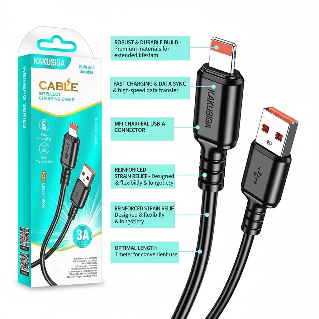 Кабель Kakusiga, Lightning, CAT8, огнестойкий, для быстрой зарядки, 1 м