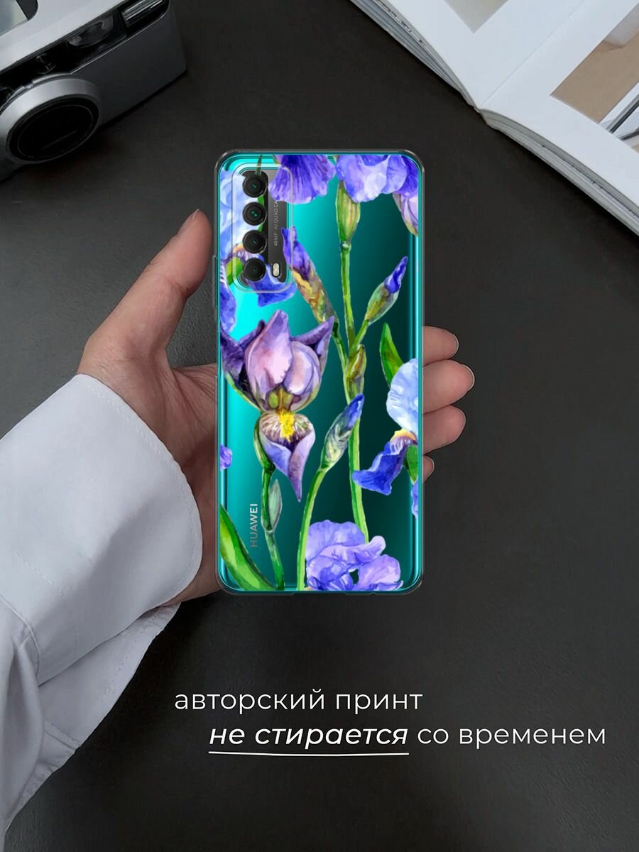 Чехол на Huawei P Smart 2021 / Хуавей П Смарт 2021 с принтом "Синие ирисы", прозрачный — фото 1
