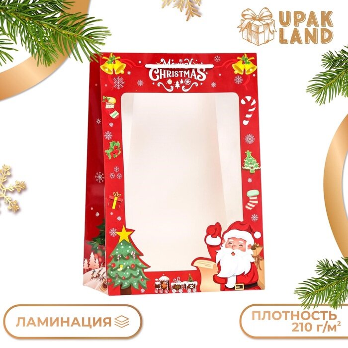 Пакет ламинированный подарочный с окном «Дед мороз» 24×35×14 см зеленый