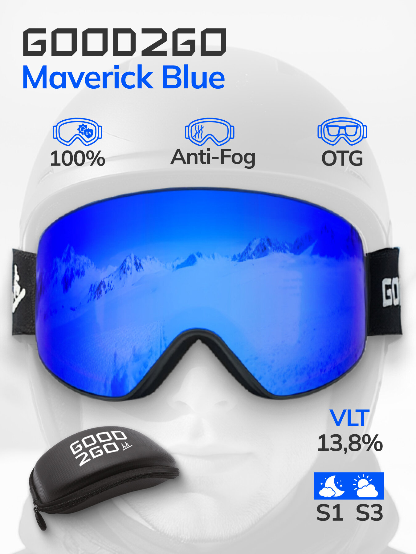 Горнолыжная маска, сменные линзы S3 / S1, синий, Anti-Fog, защитный кофр, чехол, 100% UV-защита, антиблик