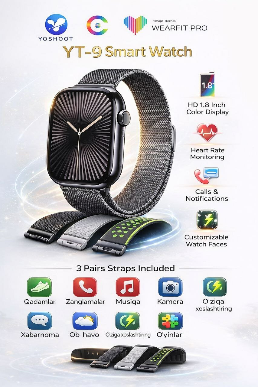 Смарт-часы YT-9 — умные часы с HD экраном 1.8 ", звонками и уведомлениями (3 ремешка в комплекте)