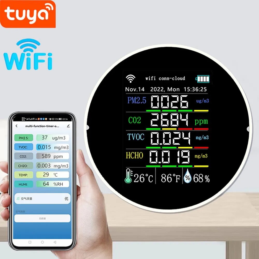 Портативный измеритель качества воздуха Tuya Wifi 7in1 PM2.5 CO2 TVOC HCHO AQI