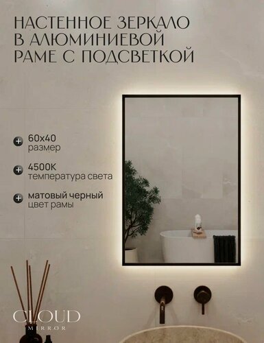 Изображение товара Зеркало 60х40 см. CLOUD MIRROR с подсветкой в ванную в алюминиевой раме настенное. Свет: Нейтральный белый 4500К, Черное
