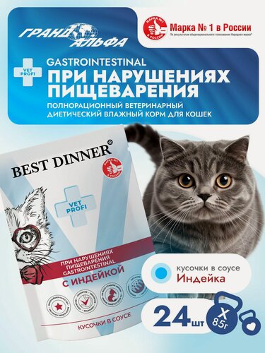 Изображение товара Влажный диетический корм Best Dinner VET PROFI Gastrointestinal для кошек при заболеваниях ЖКТ кусочки в соусе Индейка, 85 г х 24 шт, пауч (Бест Диннер)