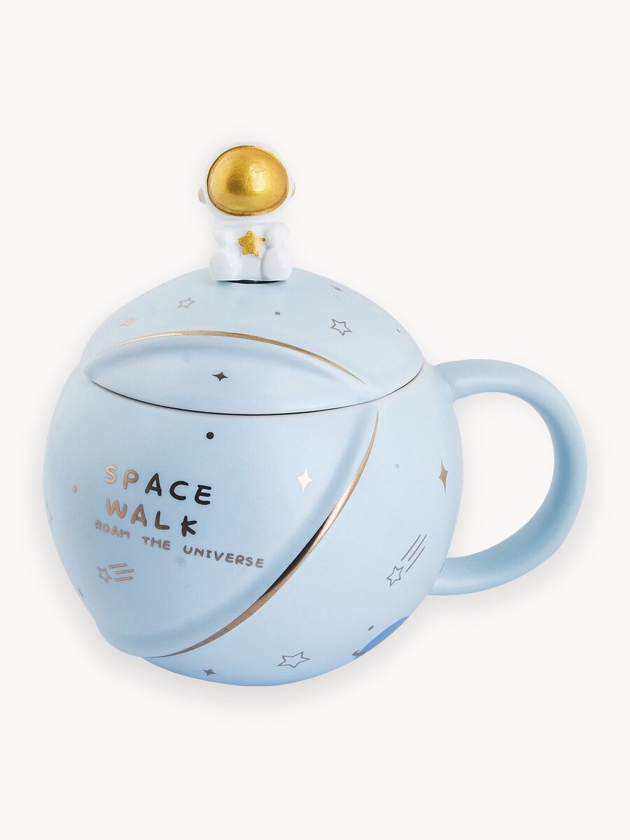 Кружка для чая Космическая прогулка, голубая, с ложкой 420 мл, чашка с крышкой, детская, женская, мужская, подарочная