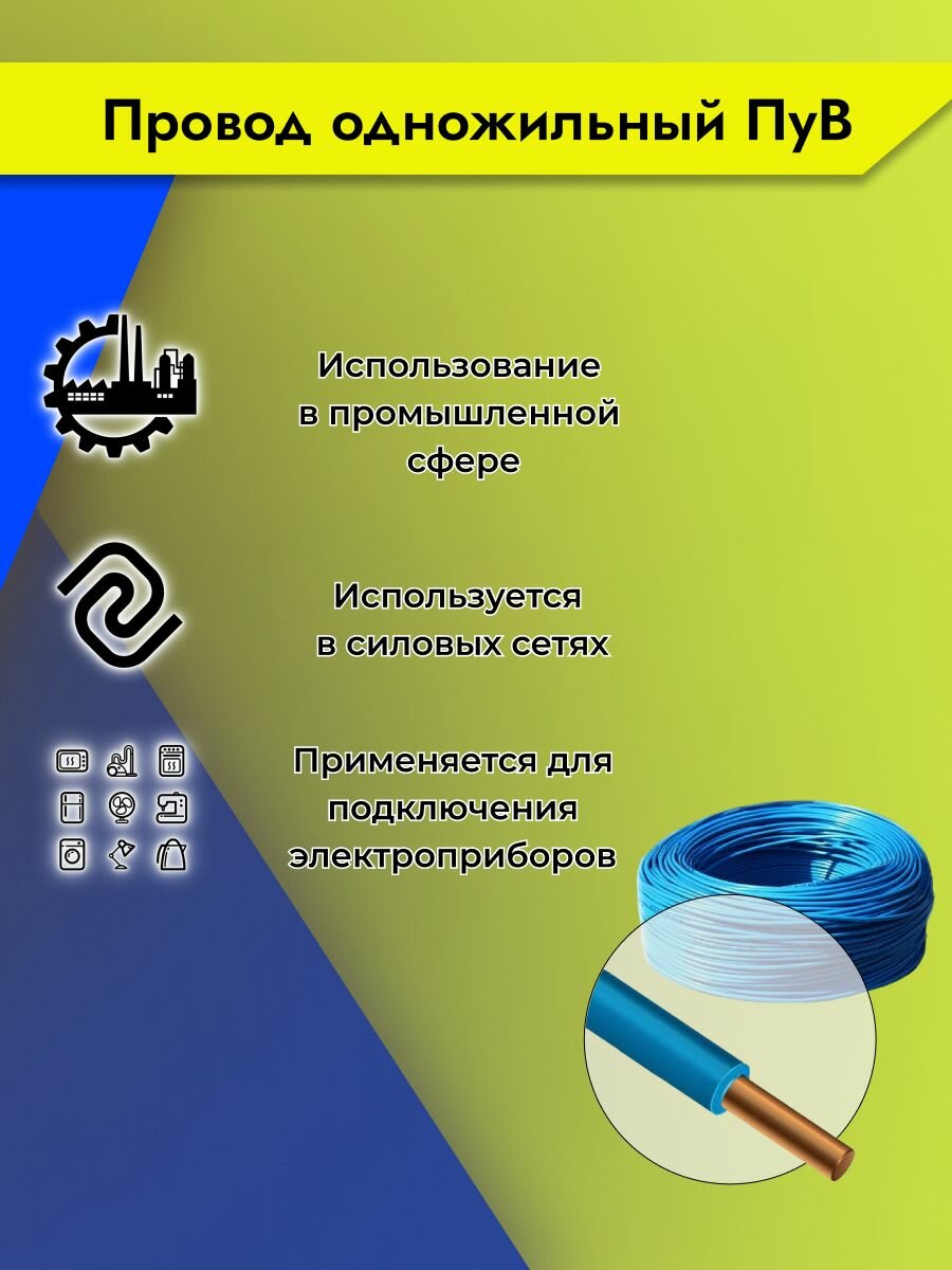 Провод однопроволочный ПУВ ПВ1, с медной жилой, 450В, 1х0.75 синий/голубой 3м — фото 1