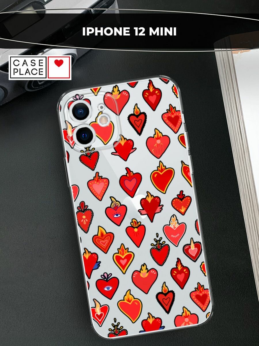 Чехол на Apple iPhone 12 mini / Айфон 12 Мини с принтом "Дьявольские сердца паттерн", прозрачный