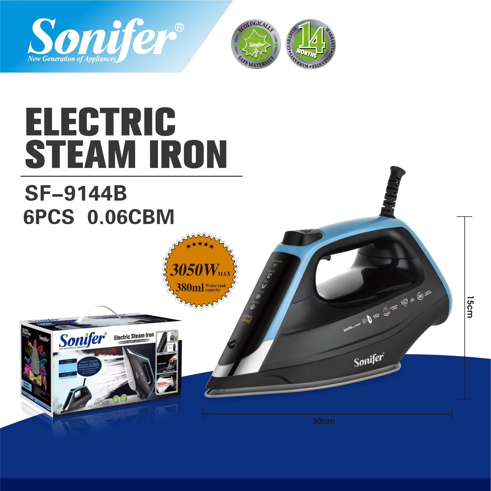 Утюг Sonifer SF-9144, керамическая подошва, мощность 3050 Вт