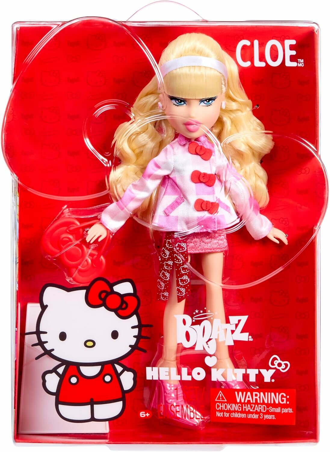 Bratz x Hello Kitty Cloe Sanrio, коллекц кукла, розовый плащ, мини-юбка, аксессуары, подставка