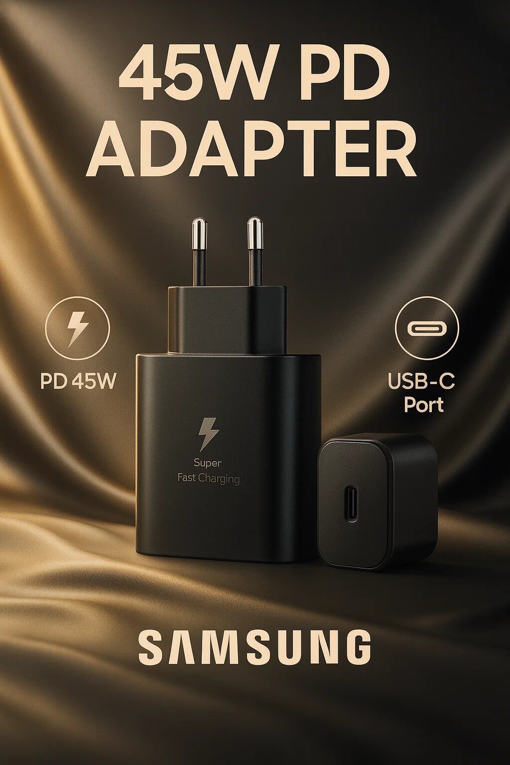 Fast charger aдаптер для Samsung 45 WT, быстрая зарядка, + с кабелем Type-C 8A, Черный