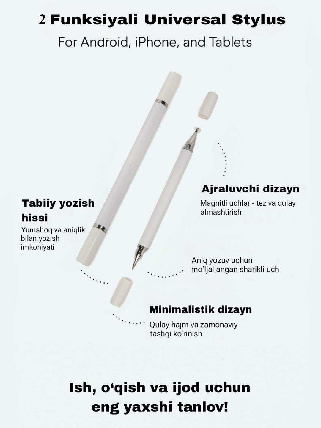 Универсальный стилус с 2 функциями – для Android, iPhone и планшетов, белый