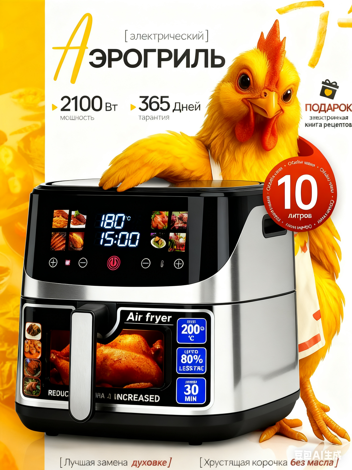 Аэрогриль Сяомин 10л мощность 2100Вт 2 ТЭНа регулировка температуры и таймер 8 программ