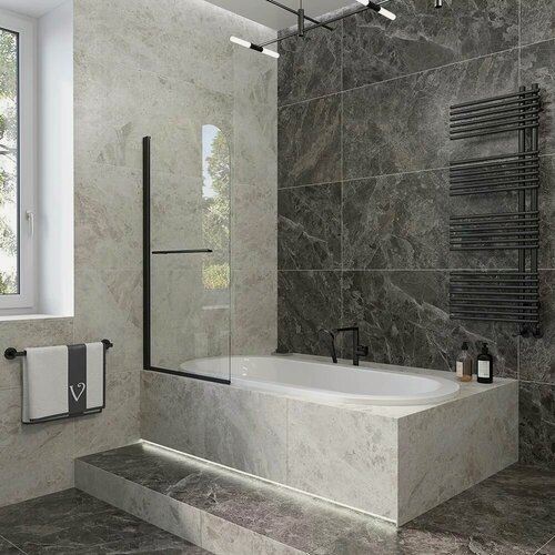 Изображение товара Шторка для ванной стеклянная (ширма) черная Veconi Palau PL-79B, 70 см стекло прозрачное, профиль черный матовый PL79B-70-01-C4