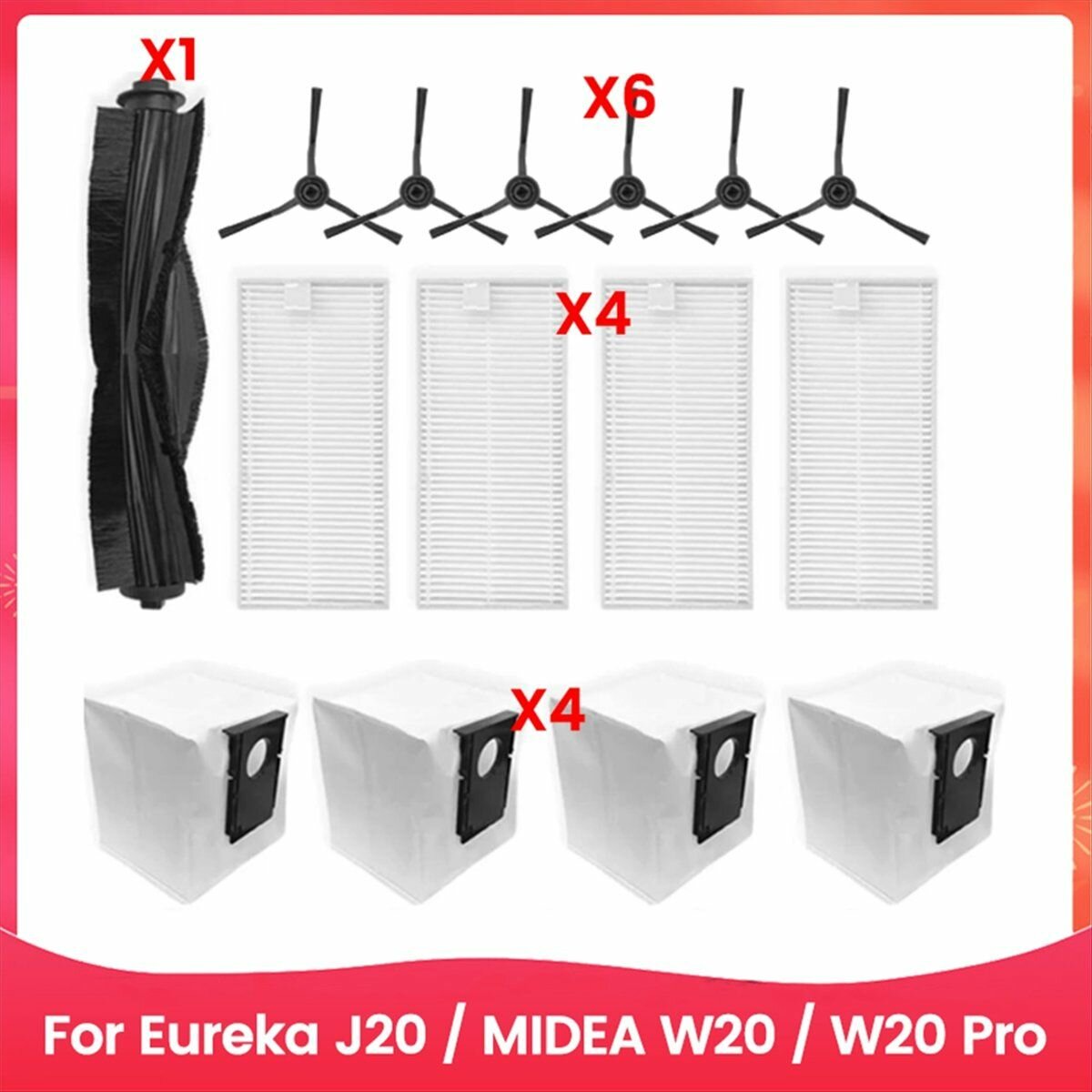 15 шт. запасных частей для робота-пылесоса Eureka J20 / Midea W20 / W20 Pro, основная боковая щетка, фильтр HEPA, пылесборник