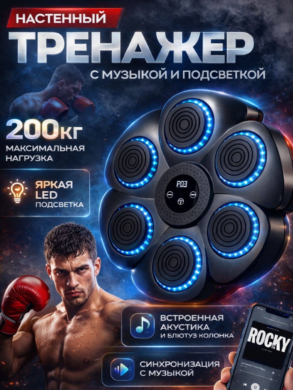 Тренажер для бокса kosmo.store, музыкальный, настенный, с печатками, черный, диаметр 40см