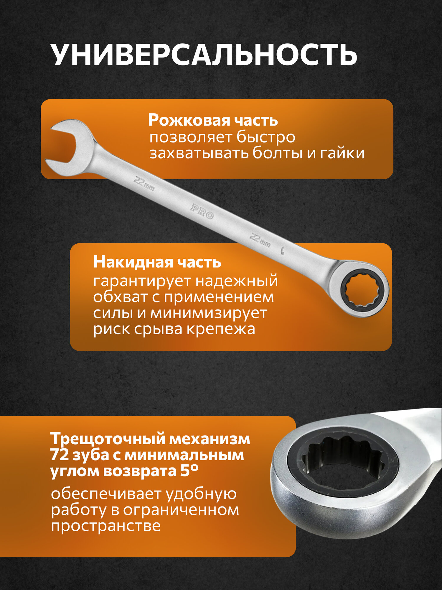 Комбинированный ключ PRO STARTUL PRO-7022, трещотка, хромованадиевая сталь, 22мм — фото 1