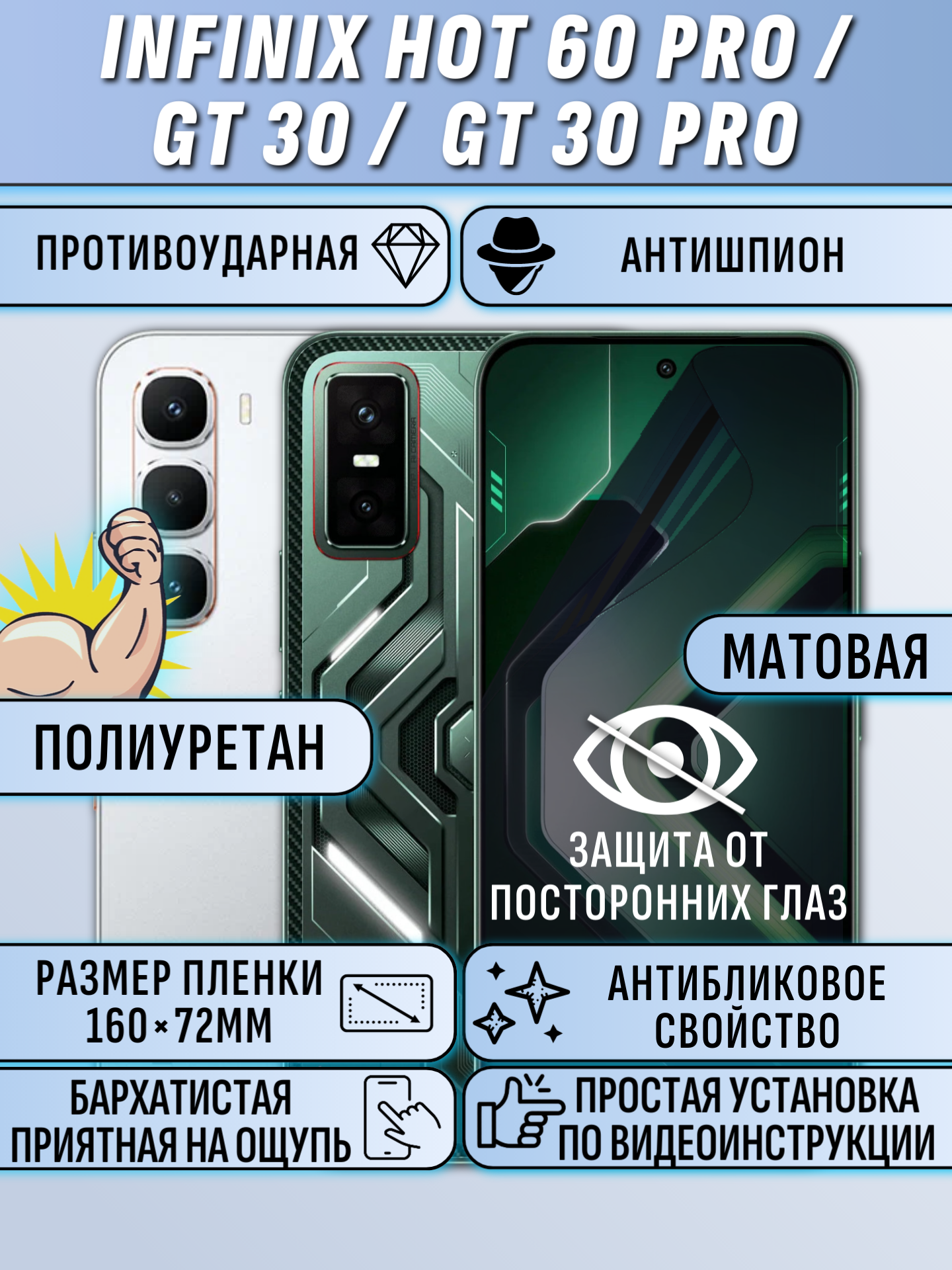 Гидрогелевая пленка Infinix HOT 60 Pro / Infinix GT 30 / Infinix GT 30 PRO антишпион матовая защитная