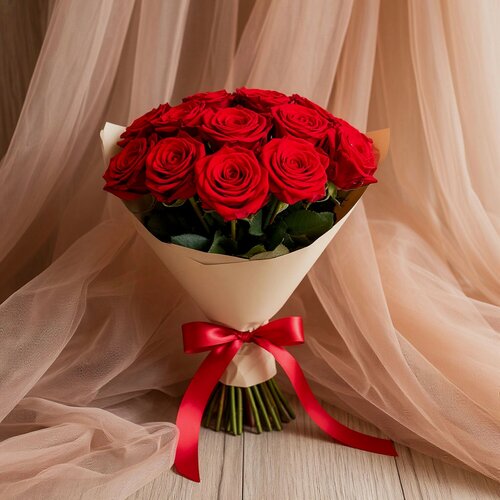 Изображение товара Букет из красных роз 15 шт, красивый букет цветов, шикарный, премиум цветы, премиум букет