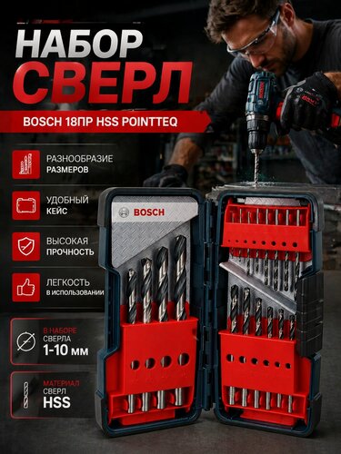 Изображение товара Набор сверл BOSCH 2608577350 HSS PointTeQ 18 шт ToughBox D1-10