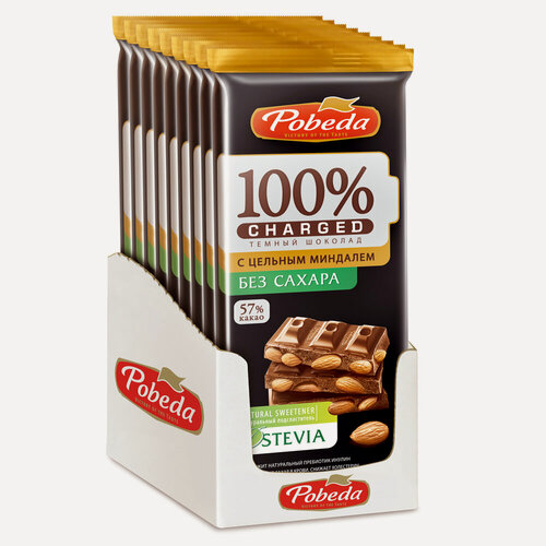 Изображение товара Шоколад Победа вкуса темный без добавления сахара с цельным миндалем "Чаржед", 90 г/12 шт