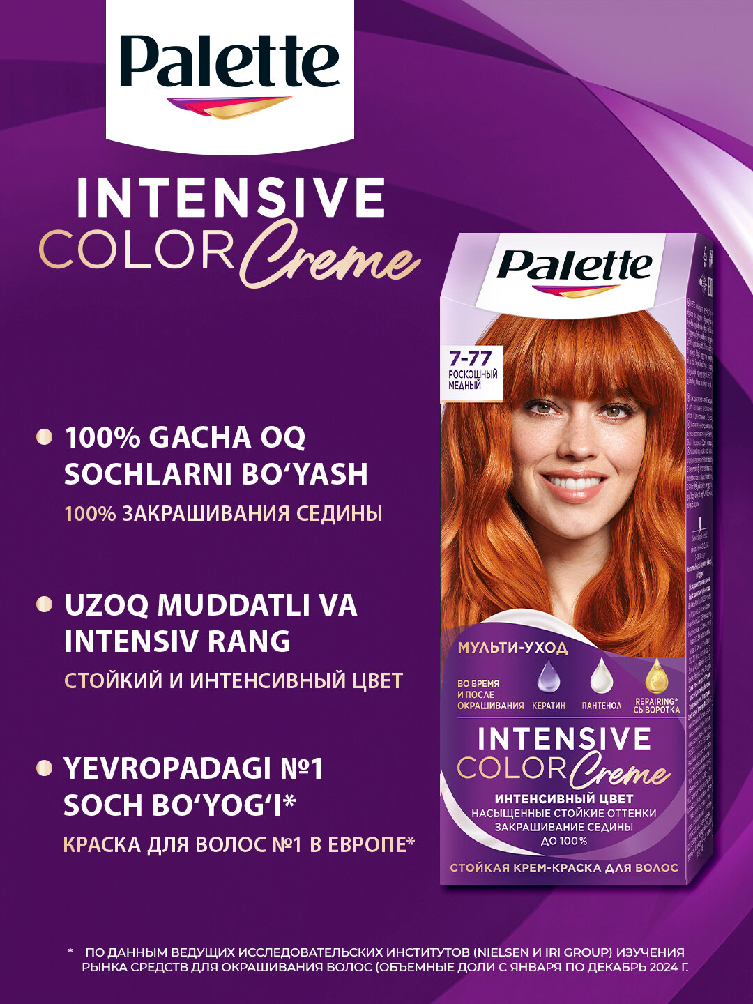 Palette Intensive Color Cream 7-77 Роскошный медный, стойкая крем-краска, 100% закрашивание седины, мульти-уход