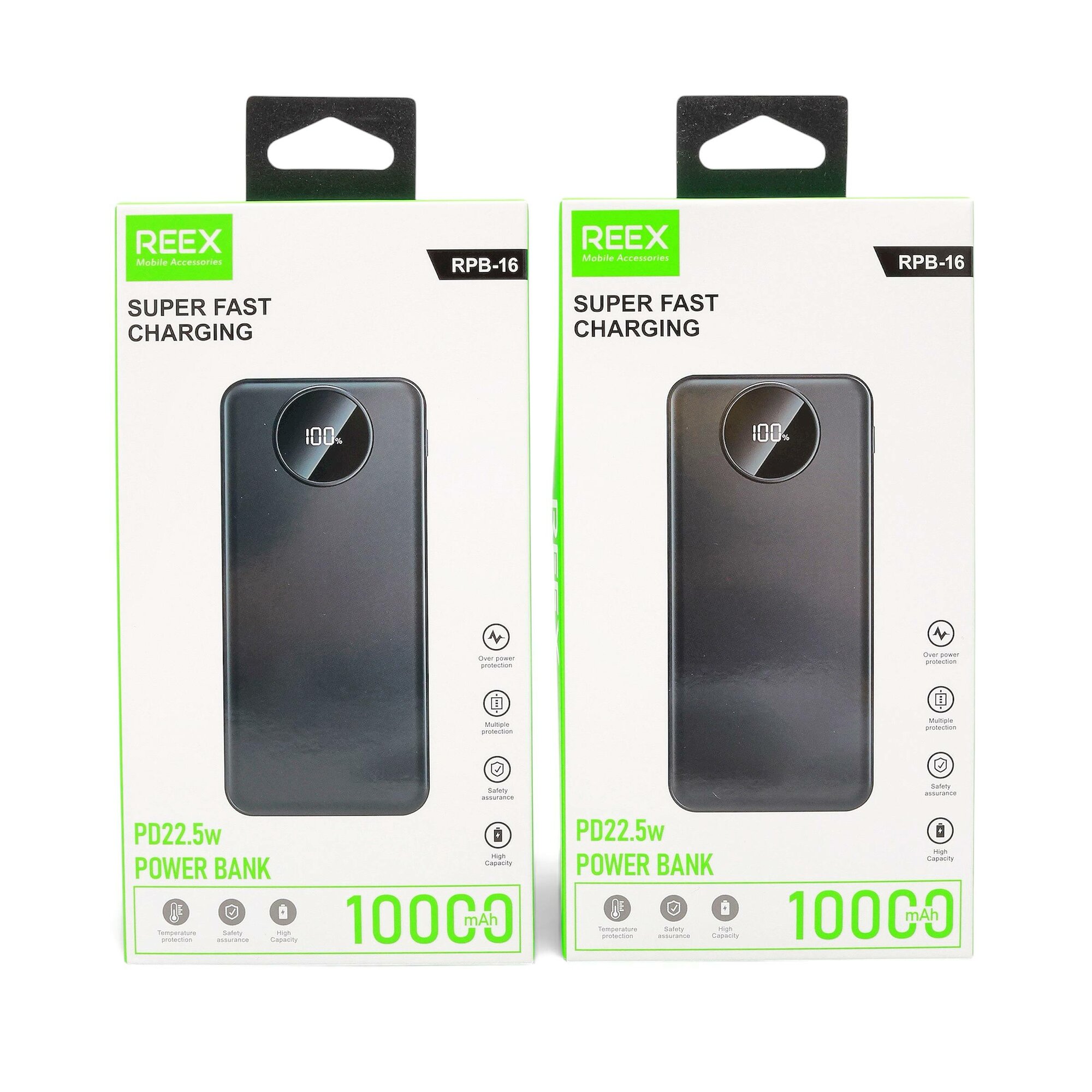 REEX RPB-16 – внешний аккумулятор емкостью 10000 мАч, сверхбыстрая зарядка PD 22,5 Вт, светодиодный дисплей, черный цвет