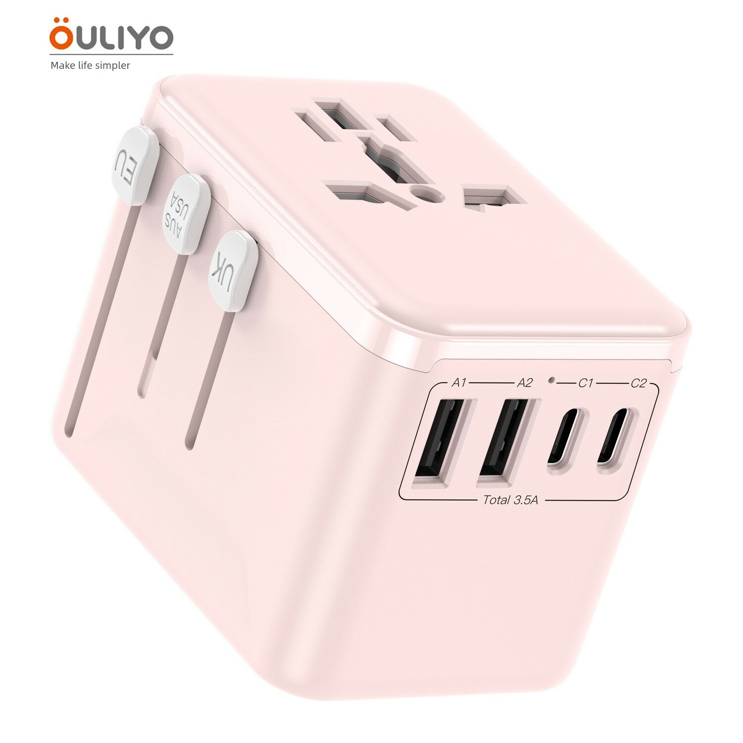 Универсальный адаптер для путешествий с 2 USB и 2 Type-C портами, глобальный переходник для Европы и Азии,