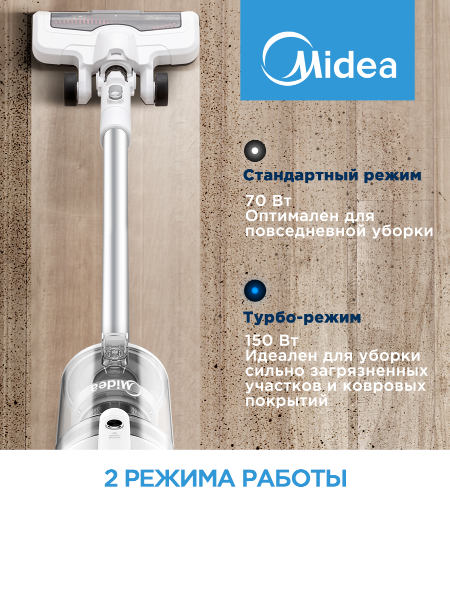 Беспроводной вертикальный пылесос Midea VSS1800, 3 насадки, стойка для хранения, турбо-режим, LED подсветка, белый — фото 1