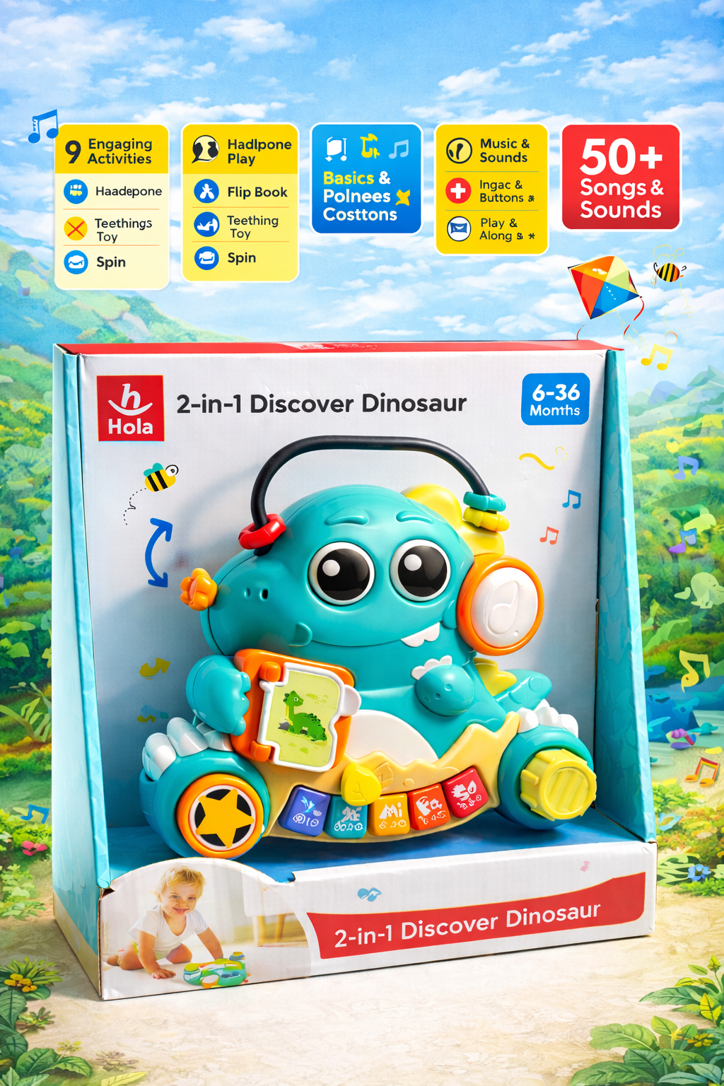 Пианино "Динозавр" HE8976 hola toys, интерактивное, ПВХ, от 6 мес, 9 см x 24 см x 24 см