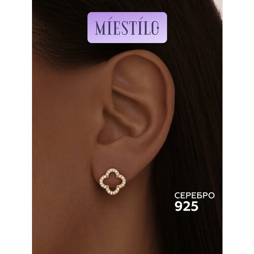 фото Серьги пусеты miestilo, серебро, 925 проба, золочение, фианит, размер 12 мм, длина 1.2 см, , золотистый