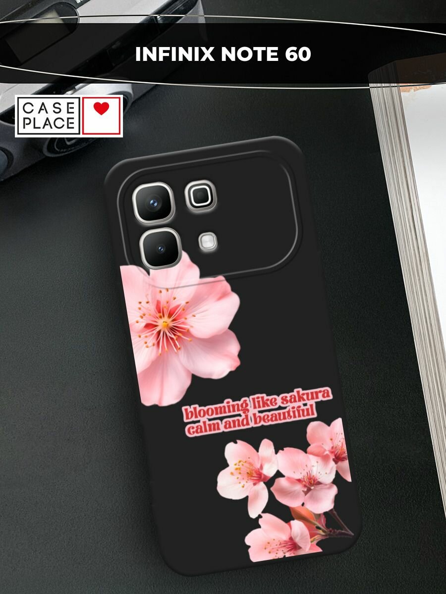 Черный матовый чехол на Infinix Note 60 / Инфиникс Нот 60 с принтом Blooming like sakura
