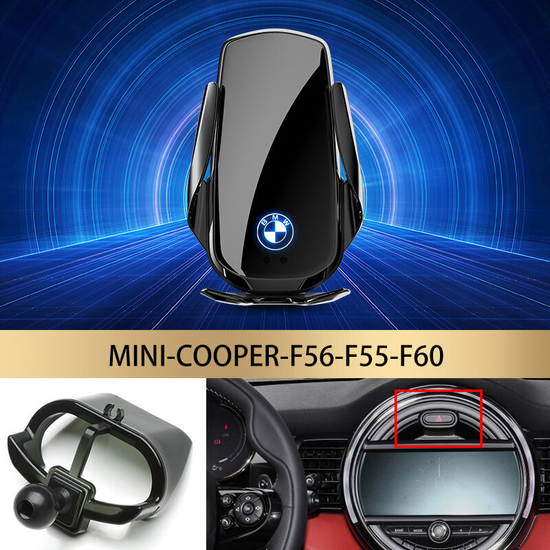 Универсальный автомобильный держатель для телефона для MINI Cooper F56/F55/F60 с беспроводной зарядкой - Черный