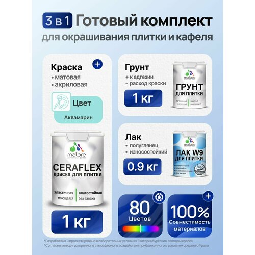 фото Комплект malare для окрашивания плитки и кафеля (1кг грунт + 1кг краска + 0,9кг лак), без запаха, полуглянцевый, цвет аквамарин