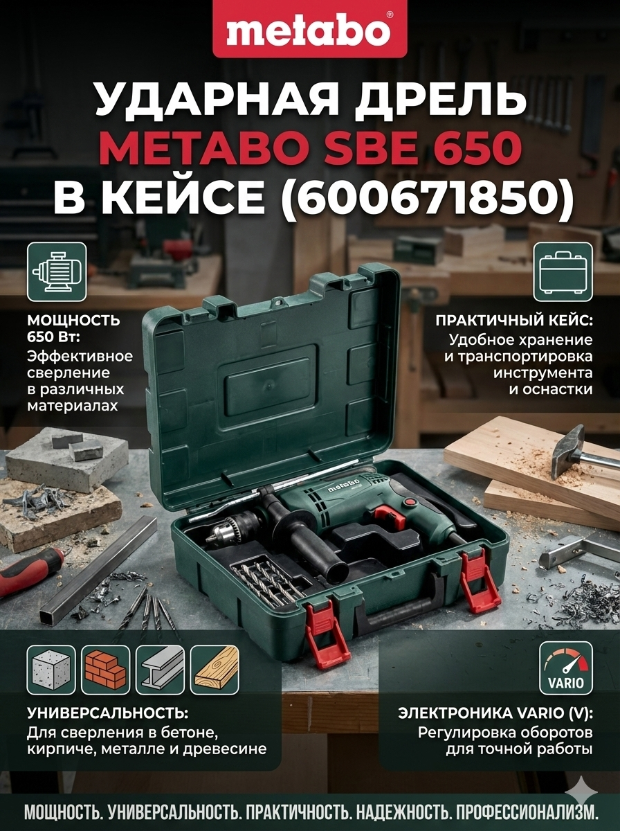 Ударная дрель Metabo SBE 650 (600671850), в кейсе, 650Вт, для бетона, кирпича, металла и древесины