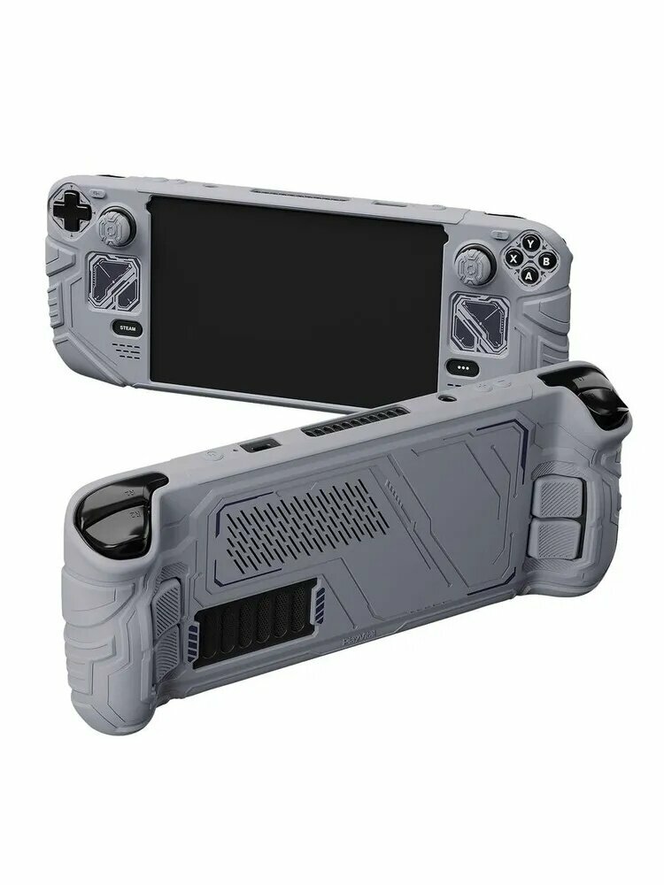 PlayVital Чехол Mecha для Steam Deck OLED LCD, Силиконовый Противоскользящий Защитный Кейс с Накладками на Стики, Серый