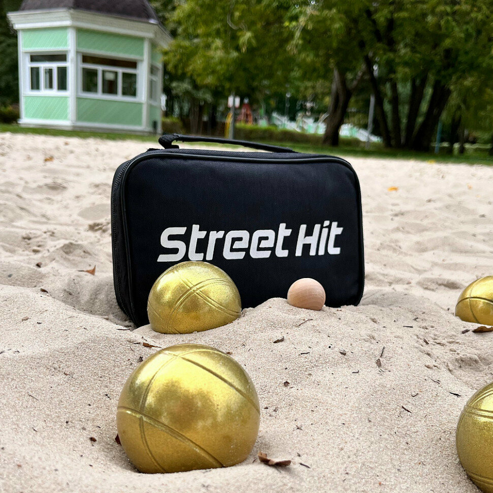 Петанк (Бочче) Street Hit, 6 шаров из металла, золотой, сумка на молнии — фото 1