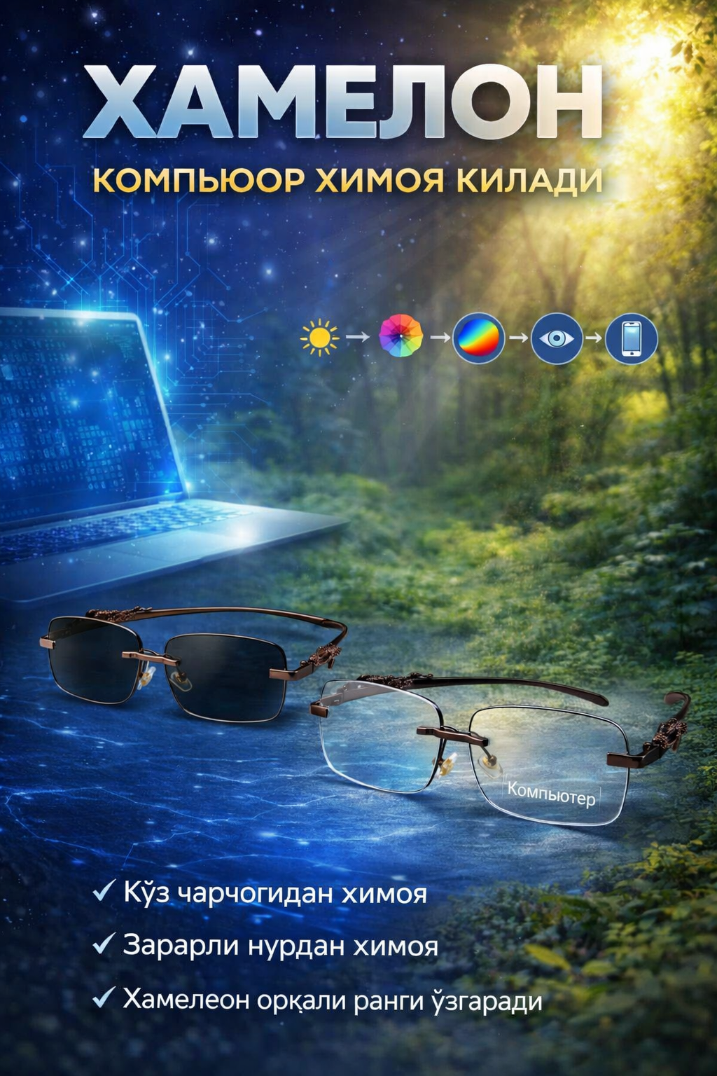 Очки-хамелеоны, от солнца, компьютерных и телефонных лучей, поляризованный