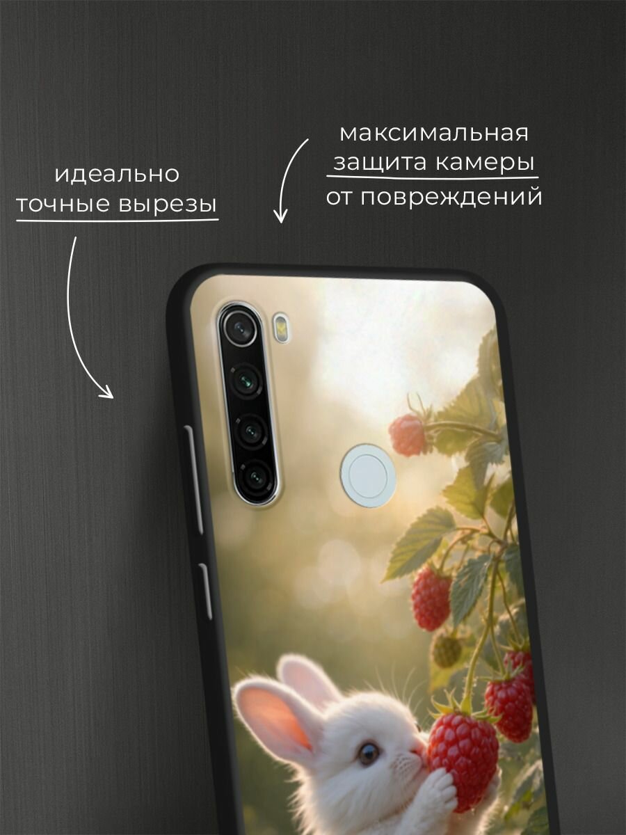 Черный матовый чехол на Xiaomi Redmi Note 8T / Сяоми Редми Нот 8Т с принтом Зайчик с малиной — фото 1