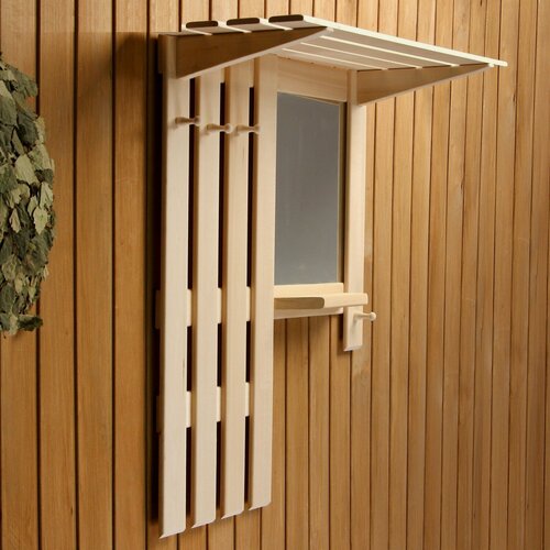 Изображение товара Полка - вешалка для бани и сауны, настенная с зеркалом, липа, 4 крючка, «Добропаровъ»